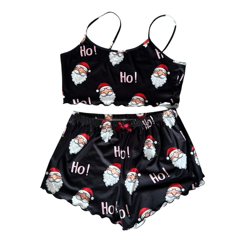 Women’s Christmas Santa Pajama Sleep Short Set Black Satin Size Large - Picture 1 of 6